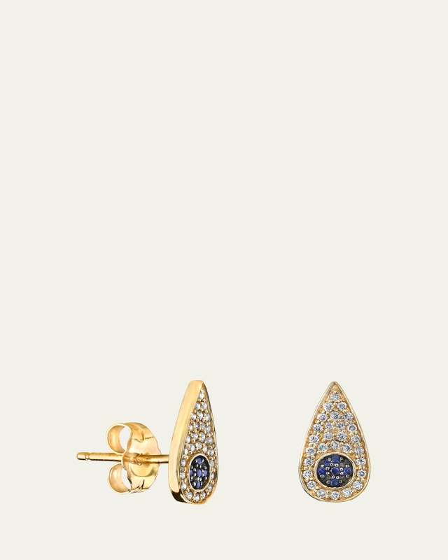 14K Yellow Gold Diamond and Sapphire Mini Teardrop Stud Earrings
